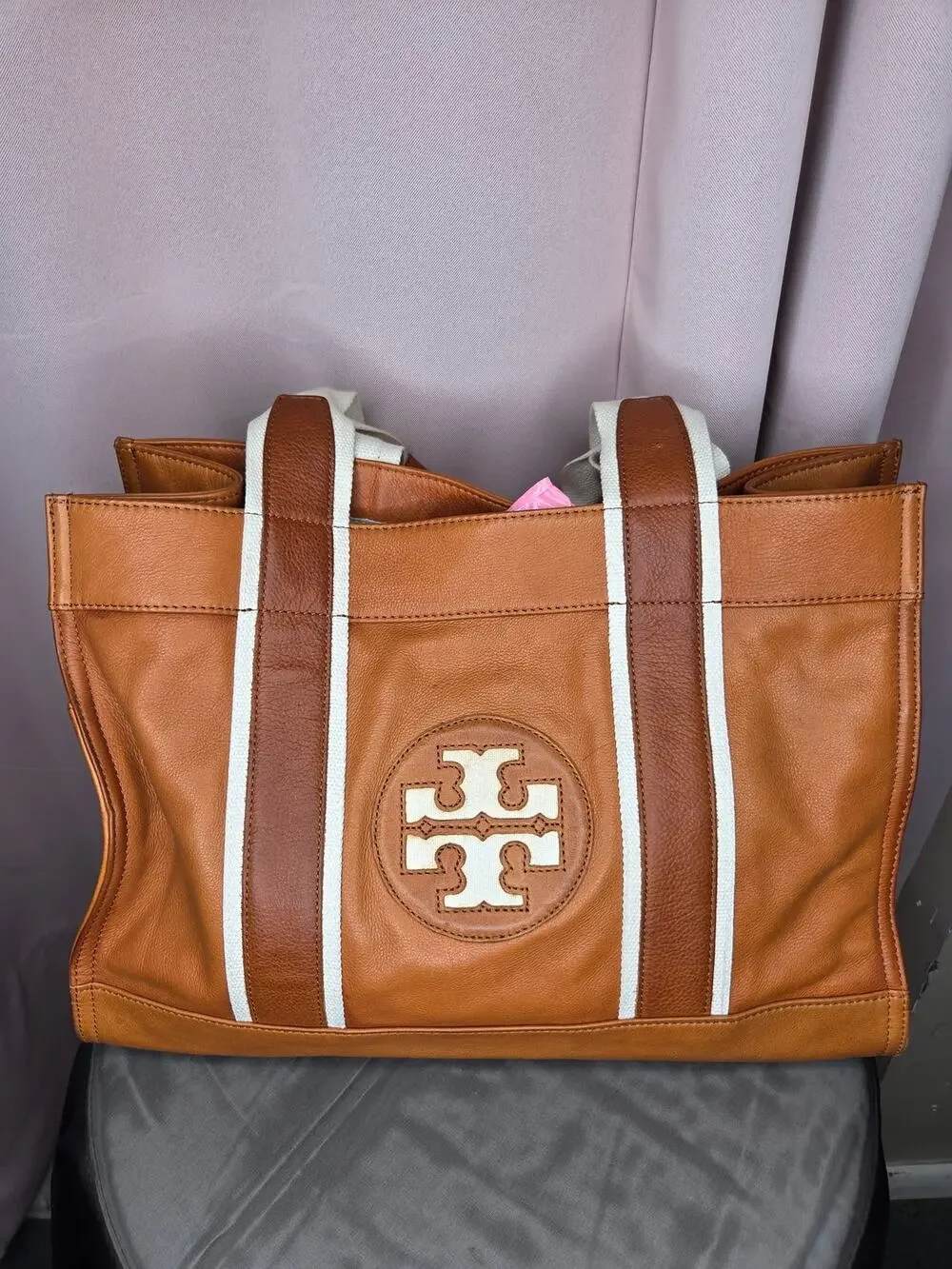 Tory Burch Ella Stripe Leather Quadrant Tote Bag (Classic Tan / Cuoio / White)